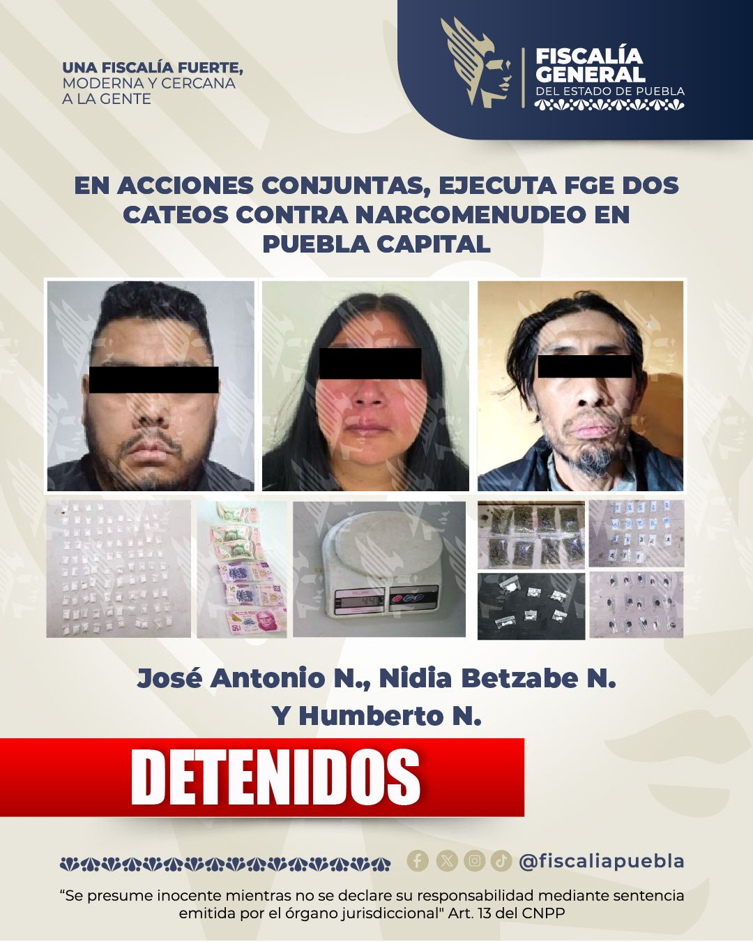 Cateos en Puebla capital dejan tres detenidos y aseguran cristal, marihuana y heroína