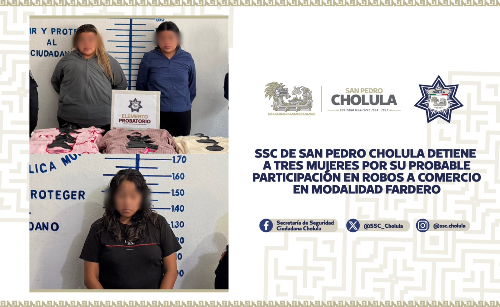 Detienen a tres mujeres por presunto robo a comercio en San Pedro Cholula